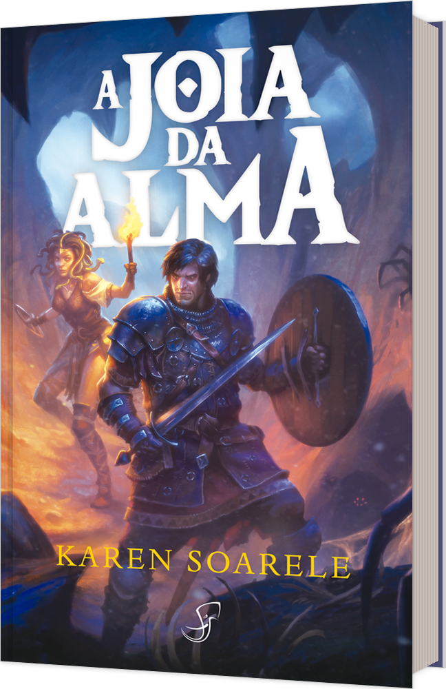 Capa do livro A Joia da Alma, mostra um guerreiro de espada e escudo, acompanhado por uma medusa aventureira.