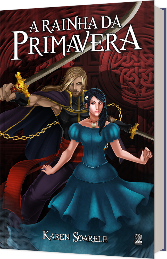 Capa do livro A Rainha da Primavera, mostra uma menina de cabelo preto e vestido azul, e um guerreiro loiro, armado com duas espadas gêmeas.