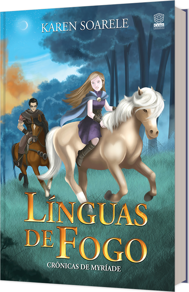 Capa do livro Línguas de Fogo, mostra uma garota de cabelos dourados cavalgando.