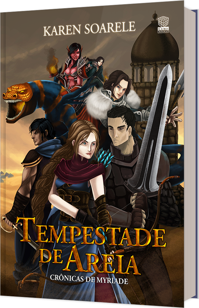 Capa do livro Tempestade de Areia, mostra um grupo de aventureiros, com uma garota de cabelos dourados na frente.